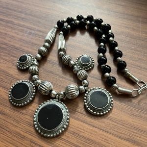 Vintage Black Agate and Silver tone multi-pendant Necklace